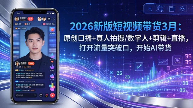 （17724期）2026新版短视频带货3月：原创口播+真人拍摄/数字人+剪辑+直播，打开流量突破口，开始AI带货