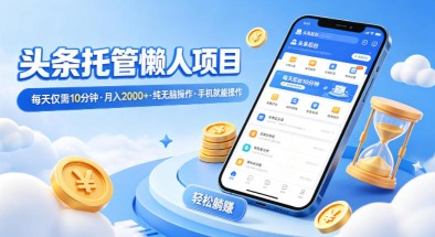 头条托管懒人项目，每天仅需10分钟，月入2000+，纯无脑操作，手机就能操作