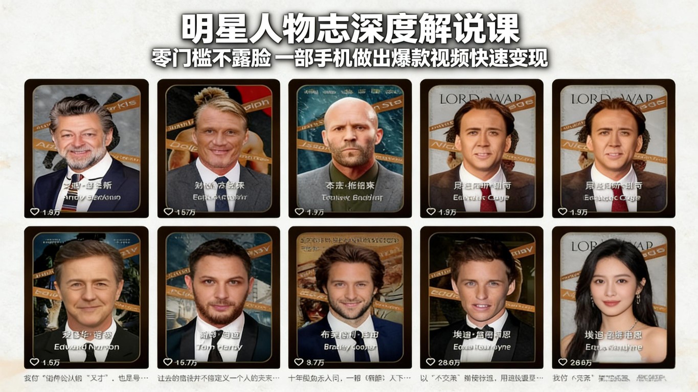 （17539期）明星人物志深度解说课：零门槛不露脸，一部手机做出爆款视频快速变现